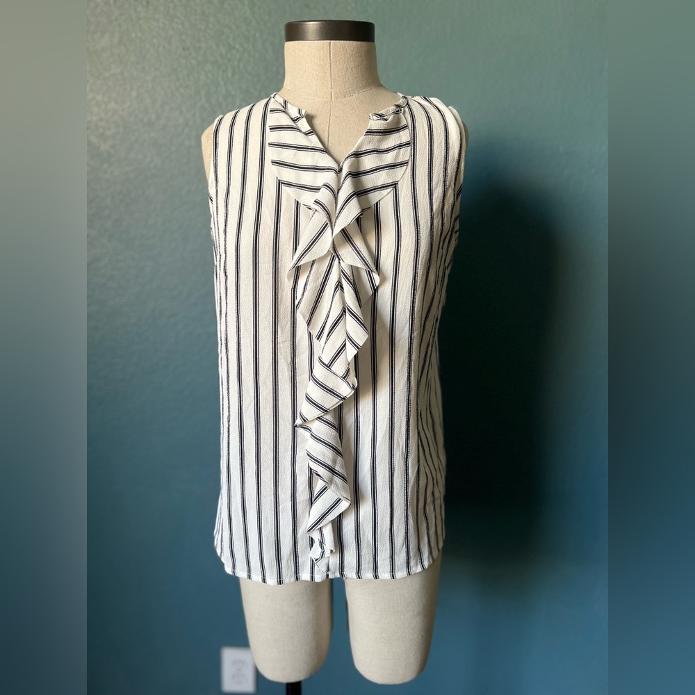 Merona Black and White Striped Ruffle Blouse with ruffle trim neckline